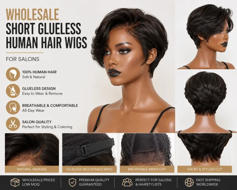 Wholesale short glueless human hair wigs for salons and professional hairstylists