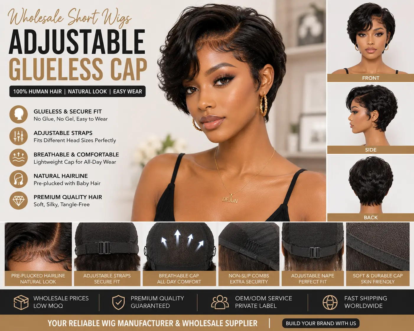 Wholesale short wigs with adjustable glueless cap for a secure and comfortable fit