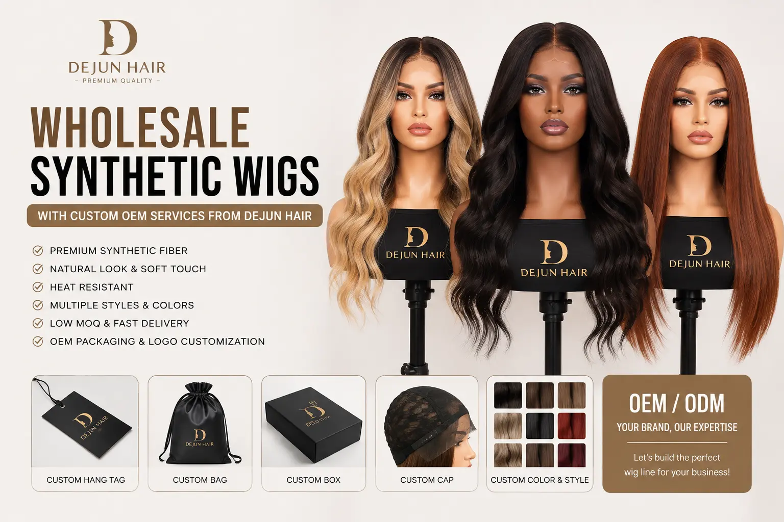 Wholesale synthetic wigs with custom OEM services from Dejun Hair