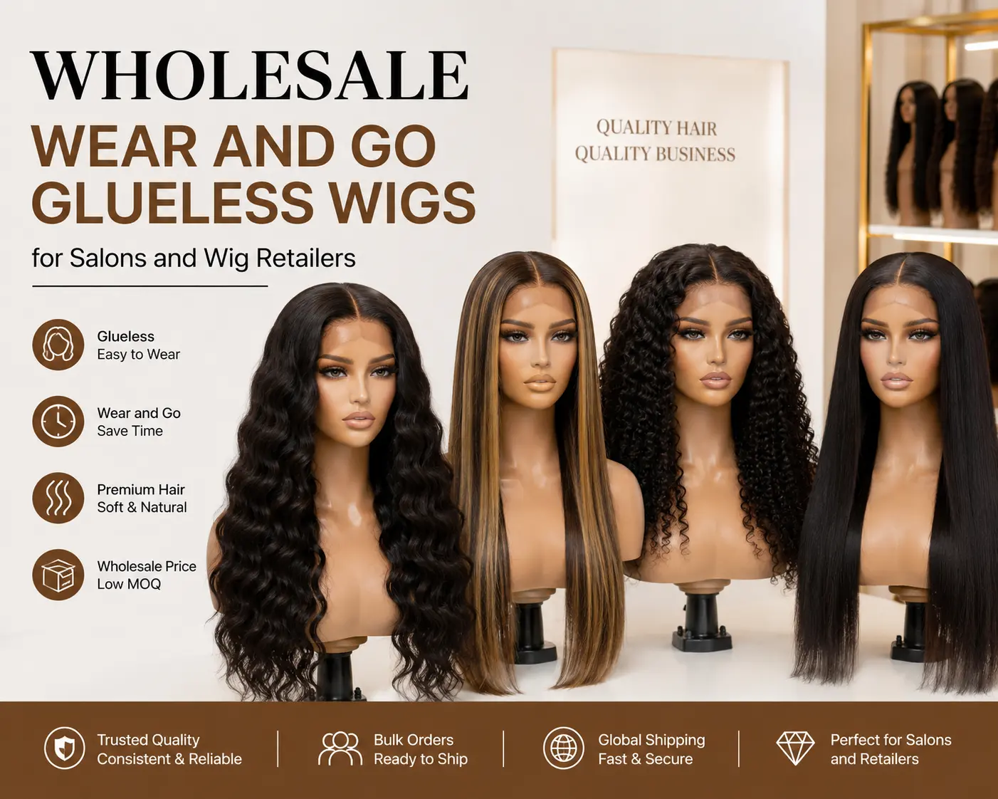 Wholesale wear and go glueless wigs for salons and wig retailers