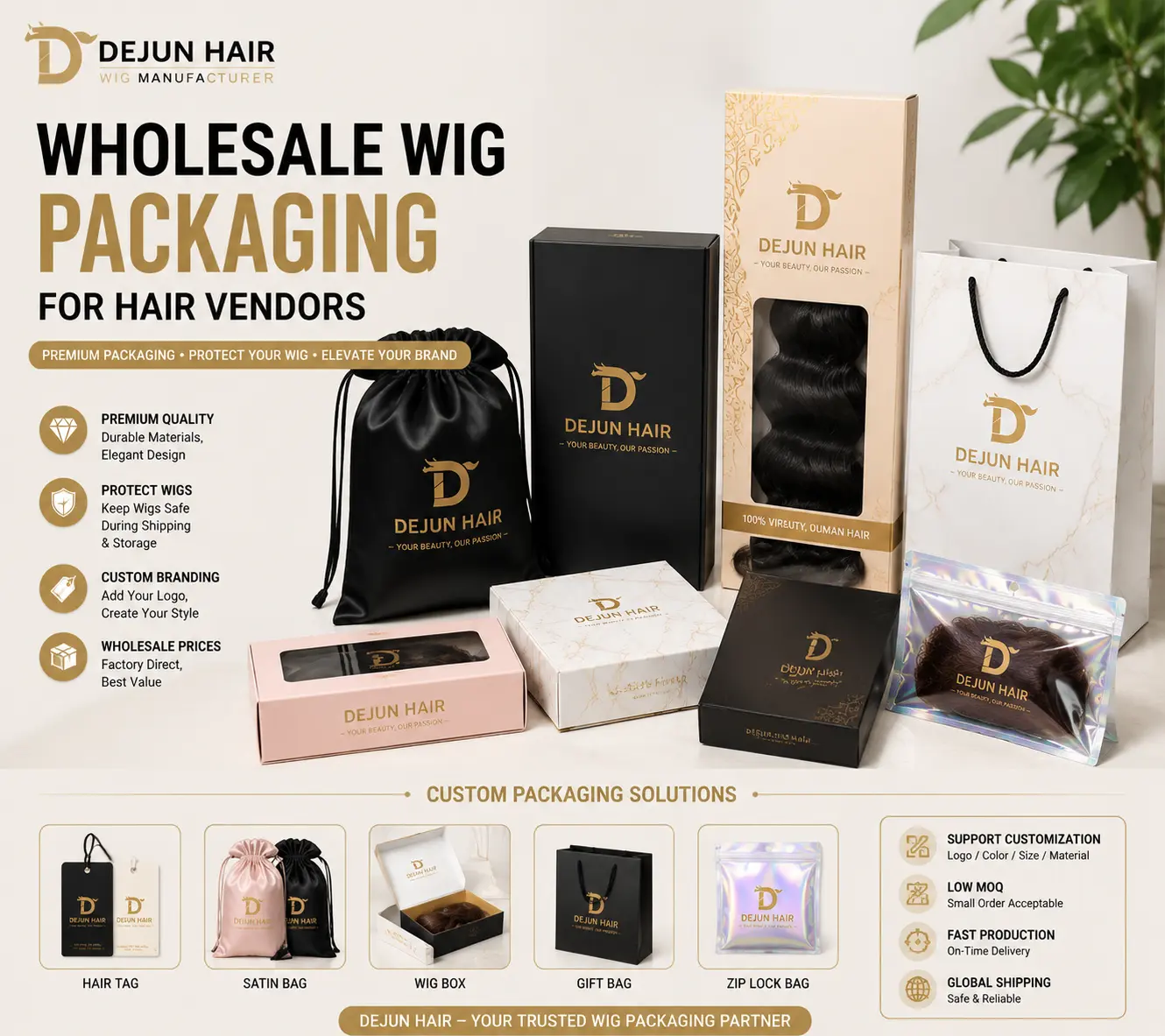 Wholesale wig packaging for hair vendors with custom logo boxes, satin bags and private label solutions