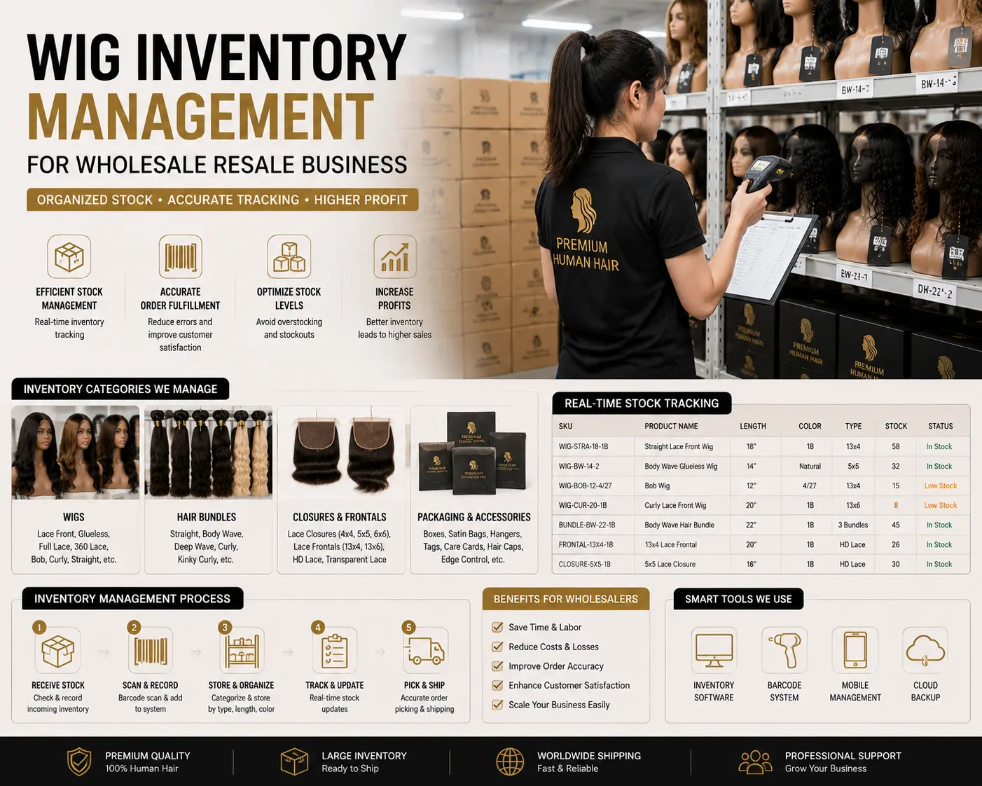 Wig inventory management for wholesale resale businesses and hair retailers