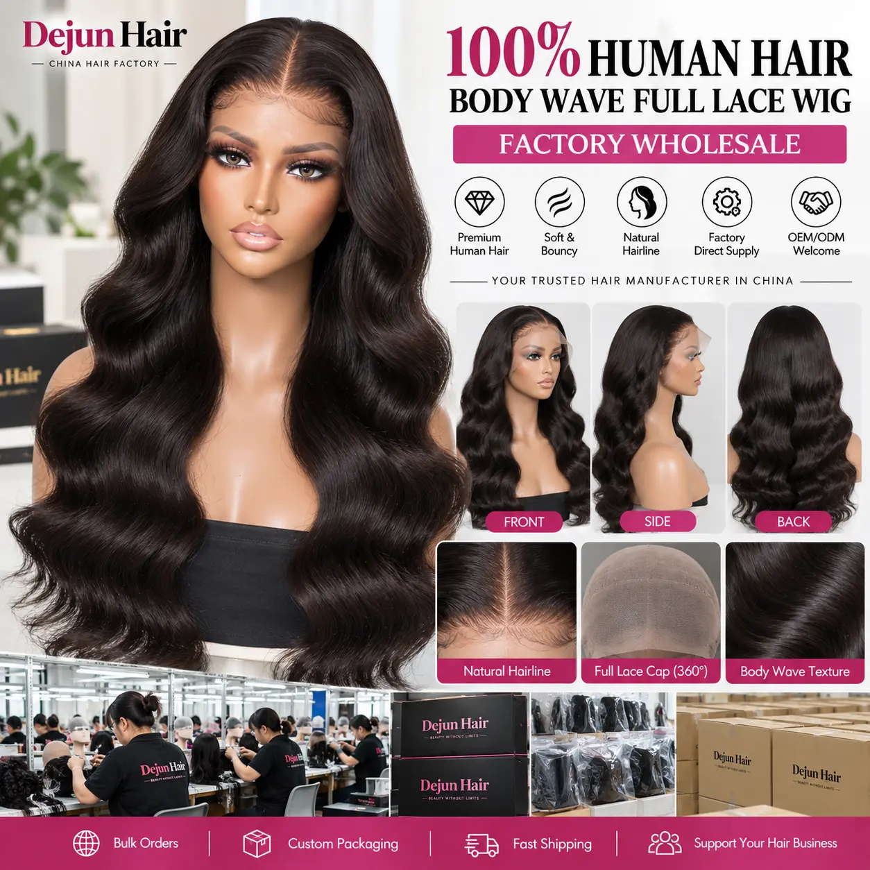 100% human hair body wave full lace wig factory wholesale supply with high quality wigs for global buyers