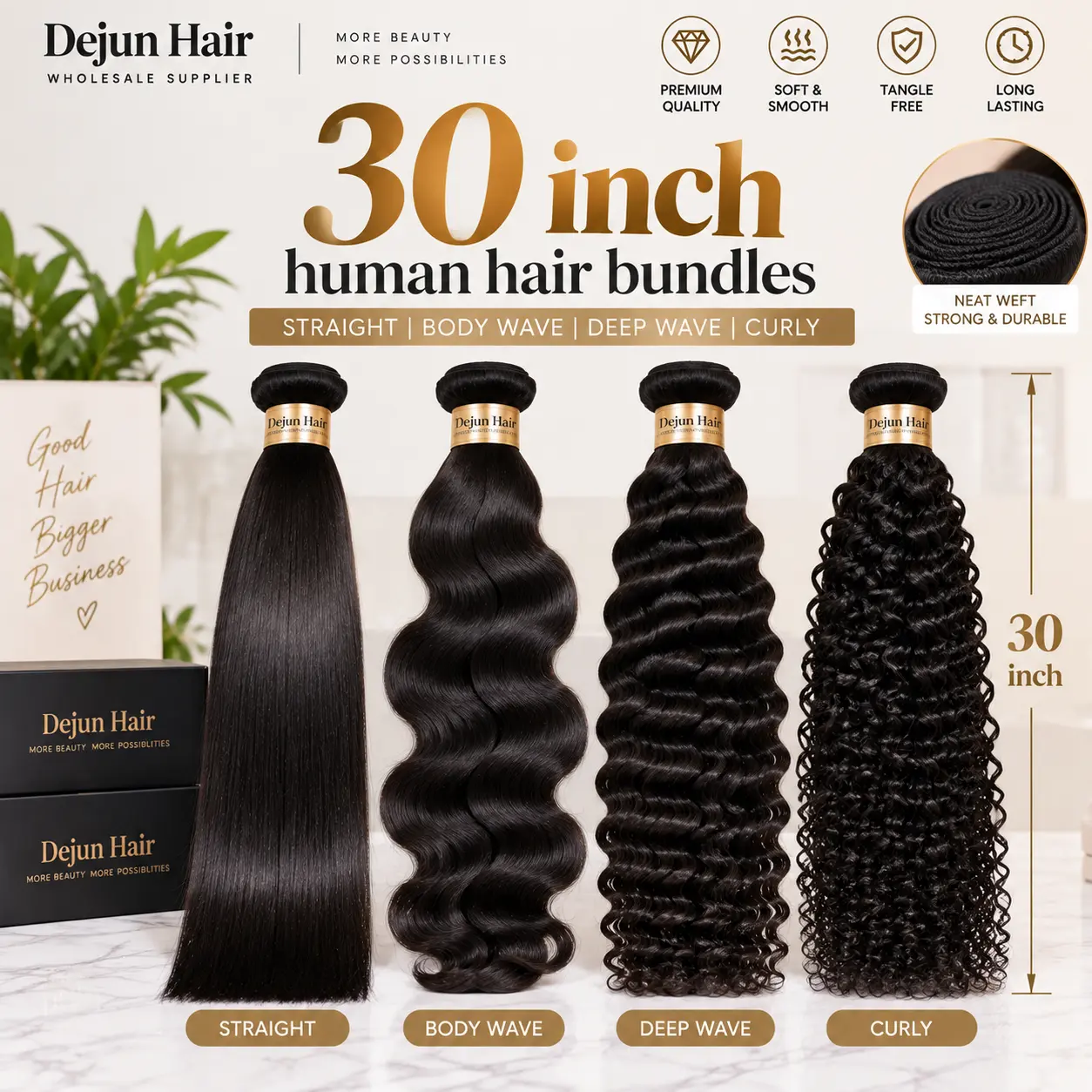 30 inch human hair bundles in straight, body wave, deep wave and curly textures