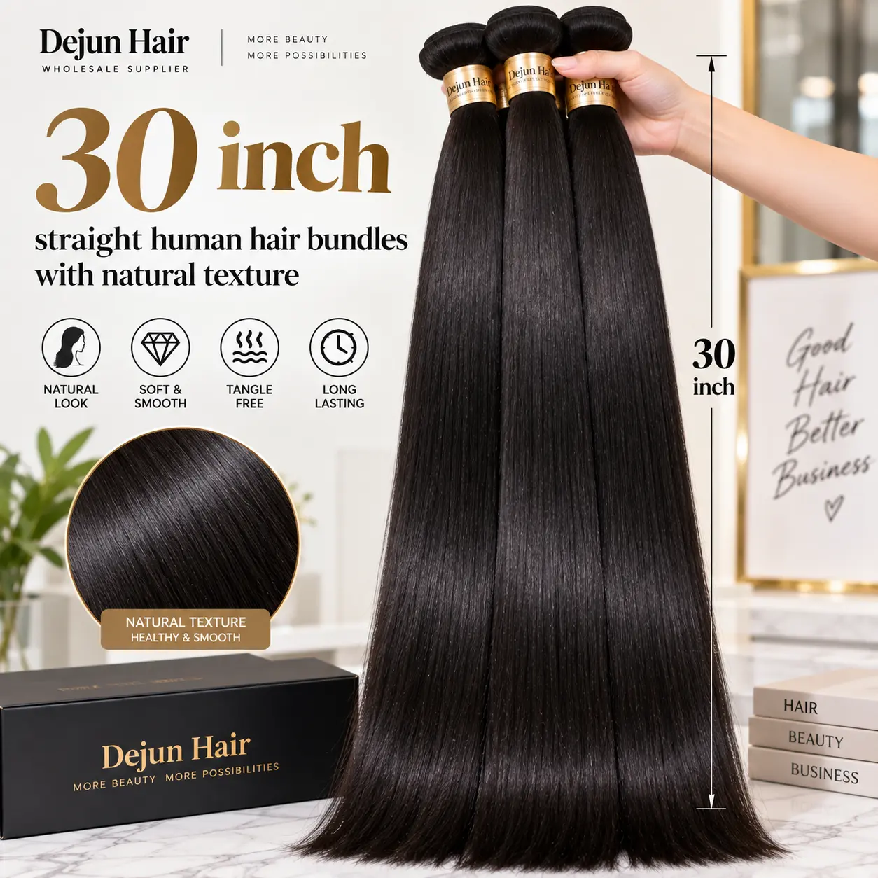 30 inch straight human hair bundles with natural texture for wholesale