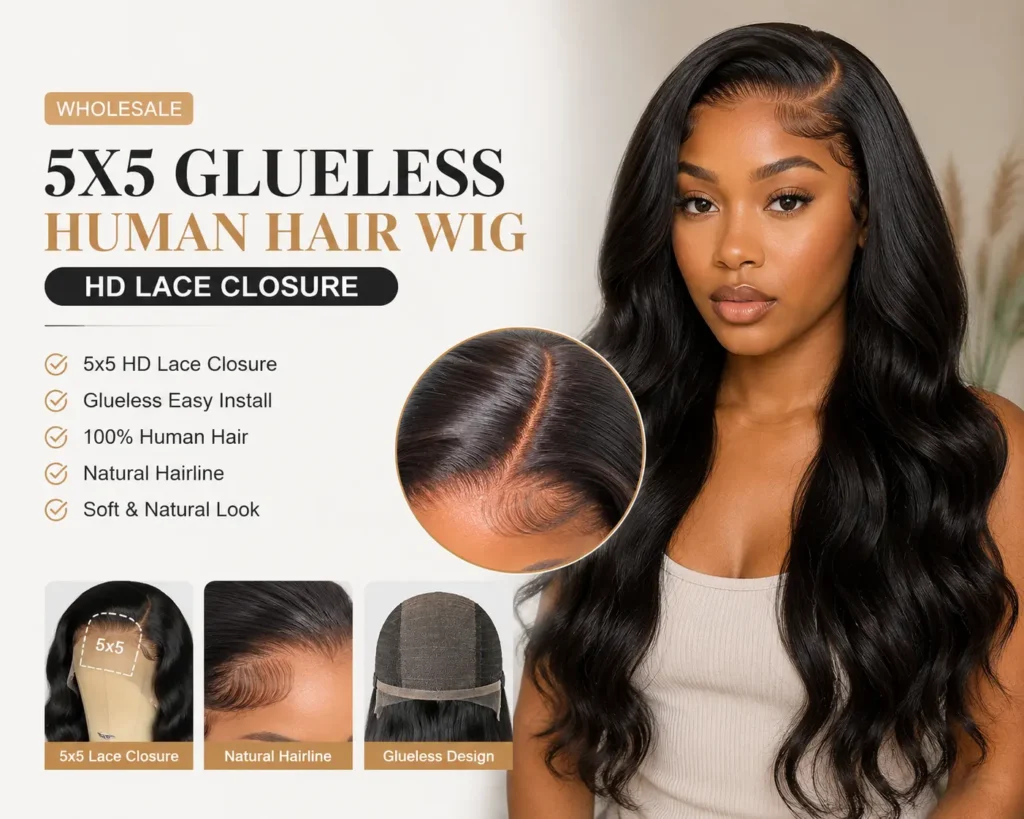 5x5 glueless human hair wig wholesale with HD lace closure and natural hairline