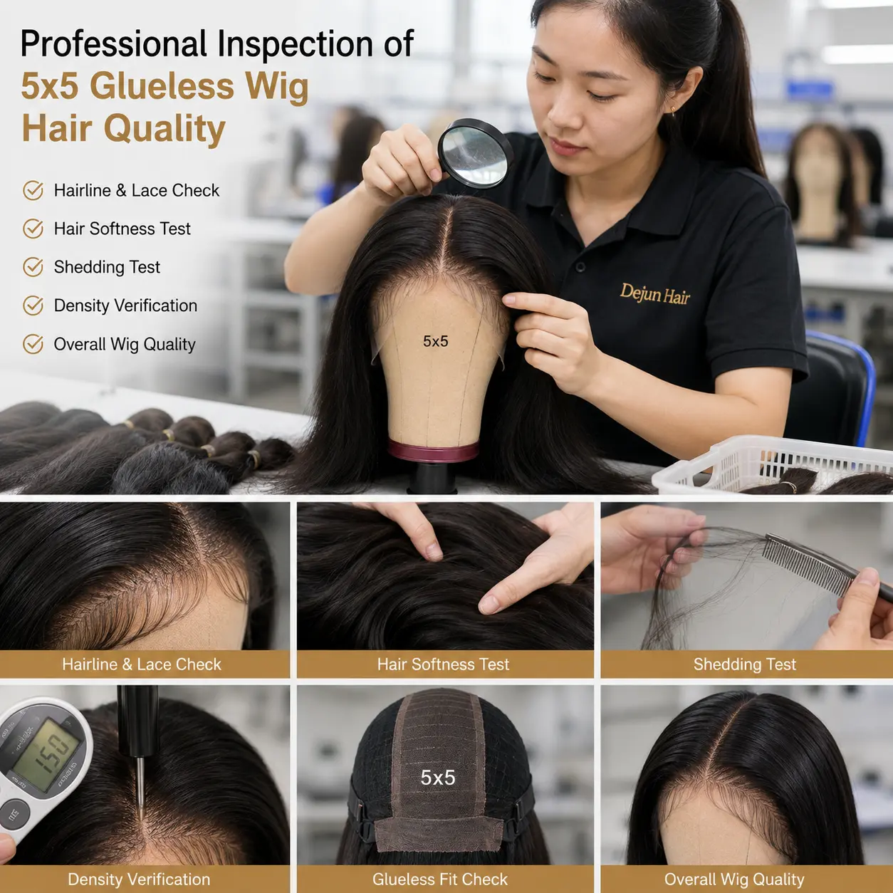 Professional quality inspection of 5x5 glueless wigs for wholesale buyers