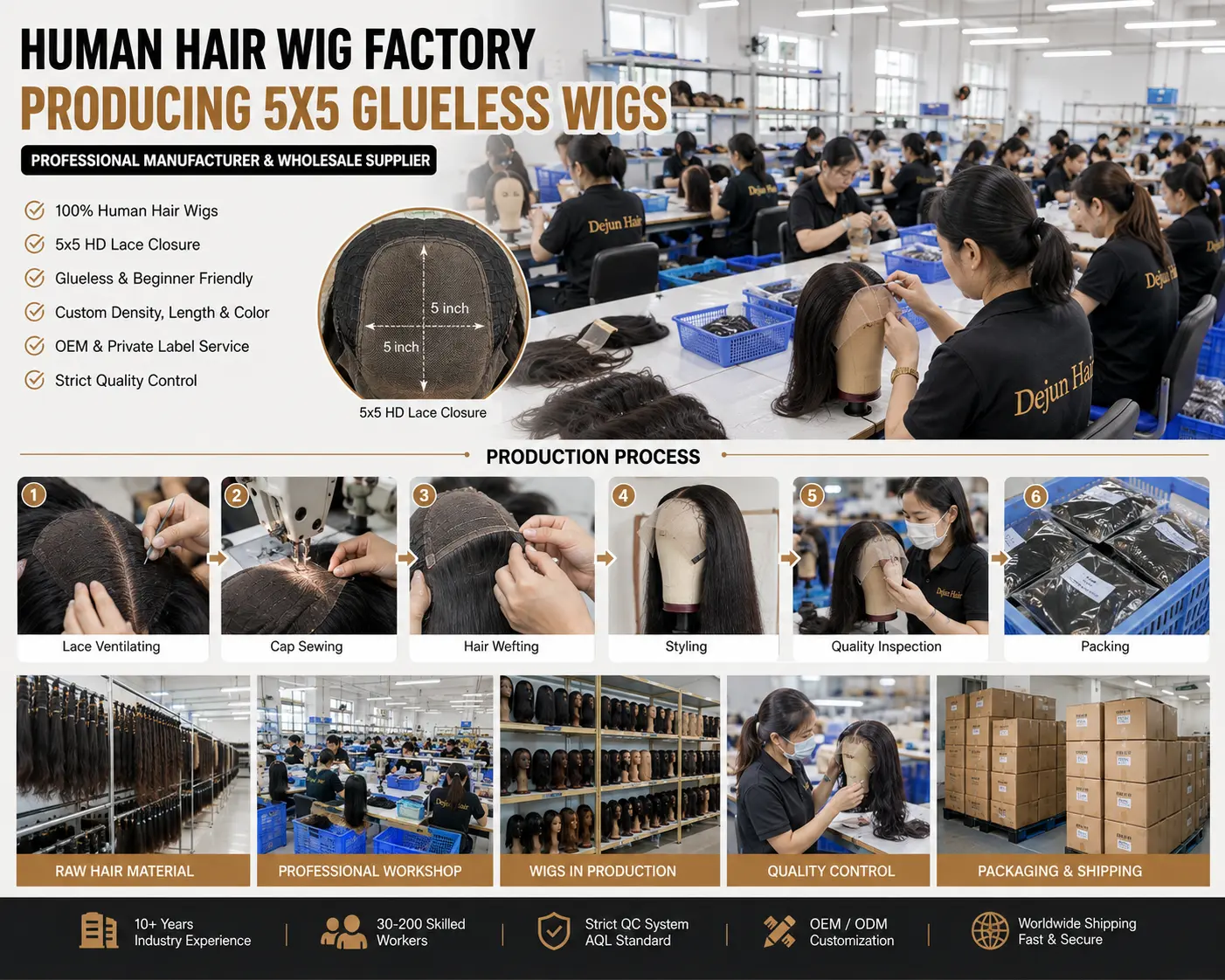 Human hair wig manufacturer producing wholesale 5x5 glueless wigs in China factory