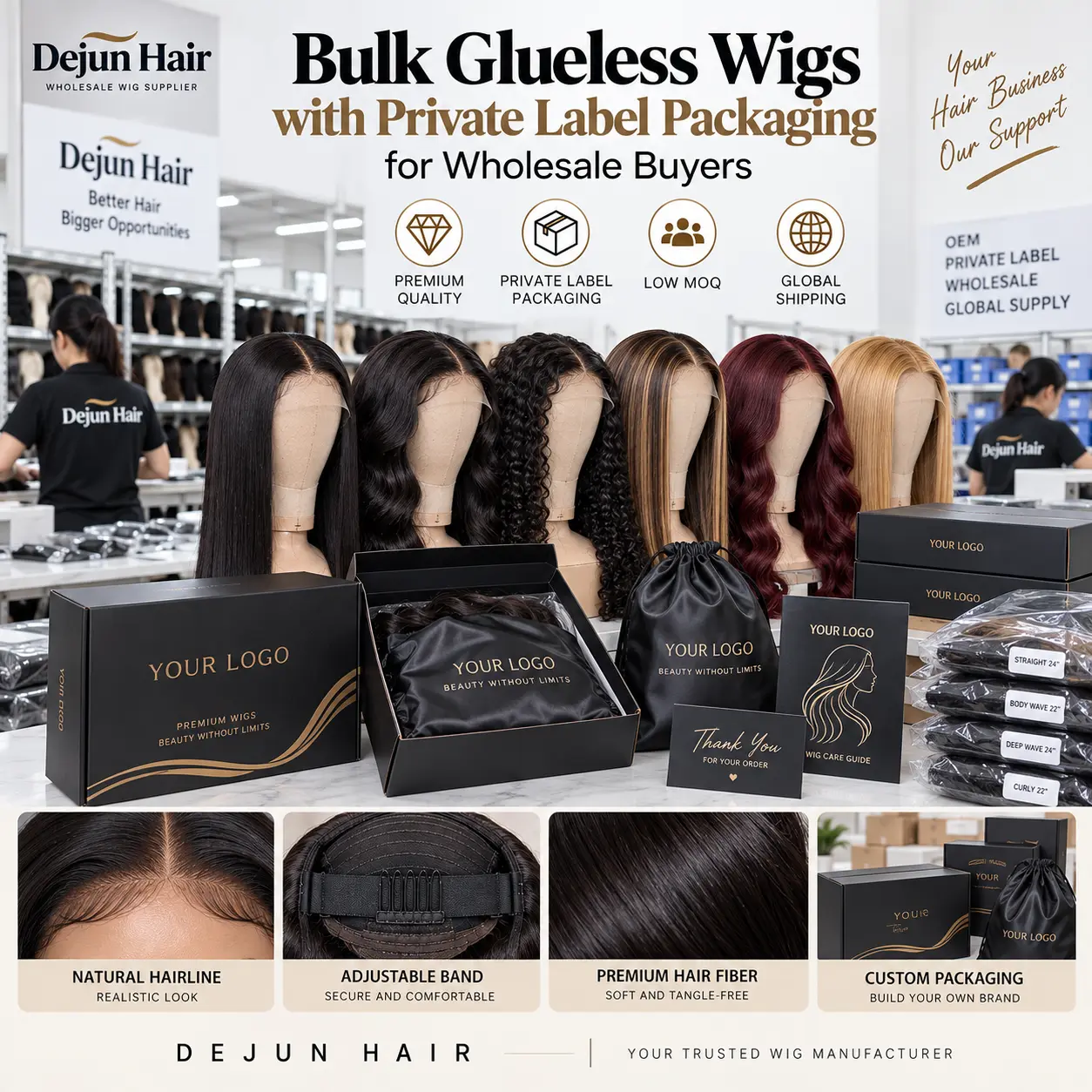 Bulk glueless wigs with private label packaging for wholesale buyers