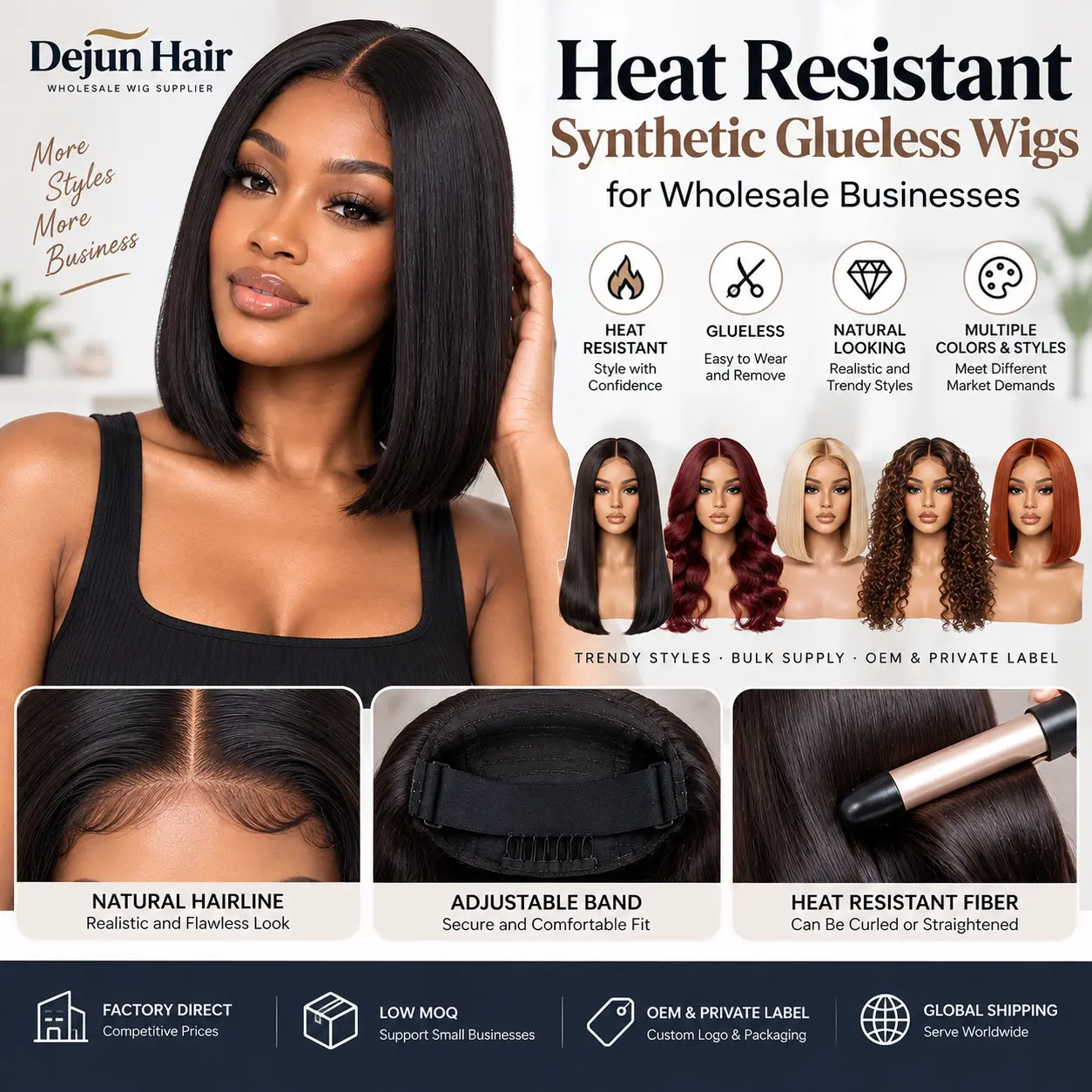 Heat resistant synthetic glueless wigs for wholesale businesses