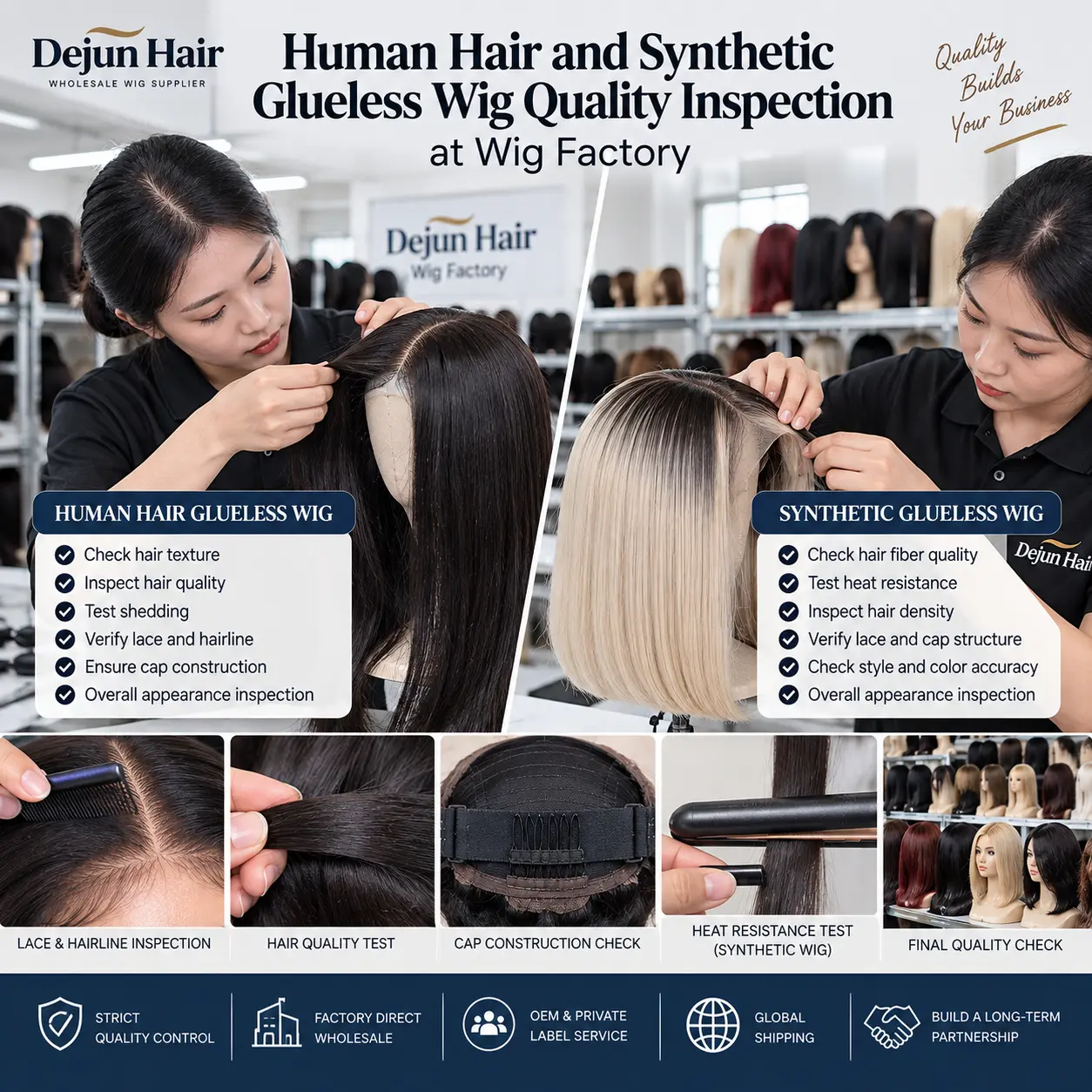 Human hair and synthetic glueless wig quality inspection at Dejun Hair factory