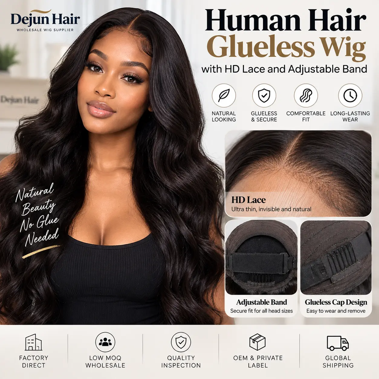 Human hair glueless wig with HD lace and adjustable band