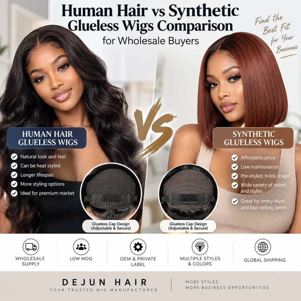 Human hair vs synthetic glueless wigs comparison for wholesale buyers