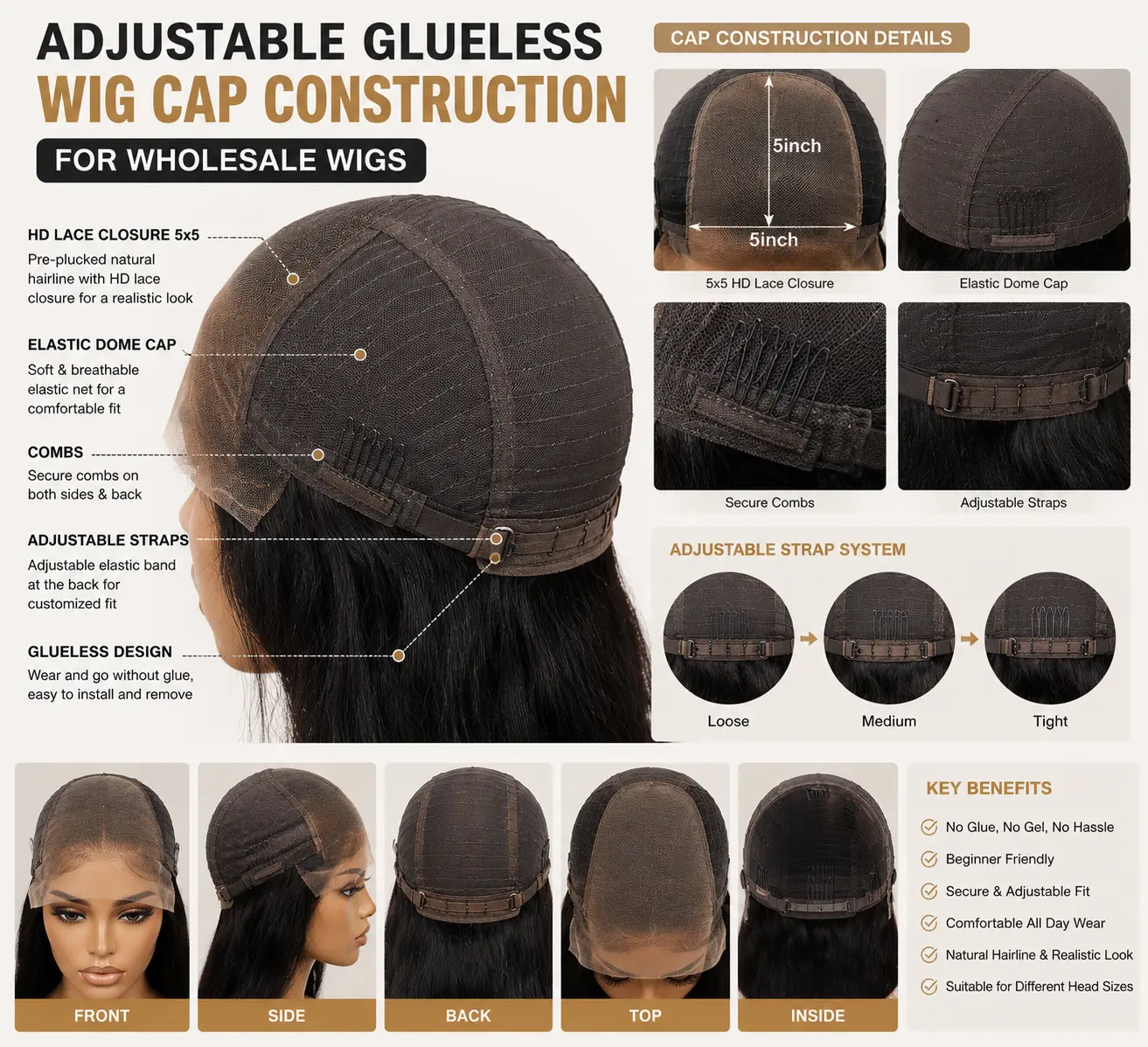 Adjustable glueless wig cap construction with secure straps and 5x5 lace closure