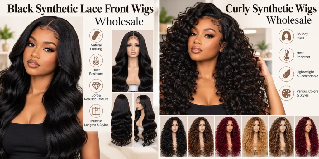 Black synthetic lace front wigs and curly synthetic wigs wholesale collection