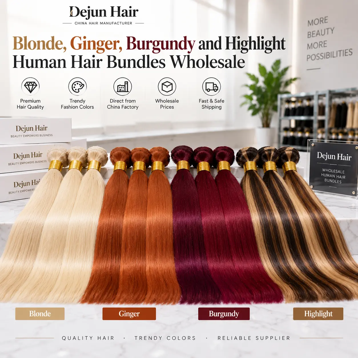 Blonde, ginger, burgundy and highlight human hair bundles available for wholesale orders