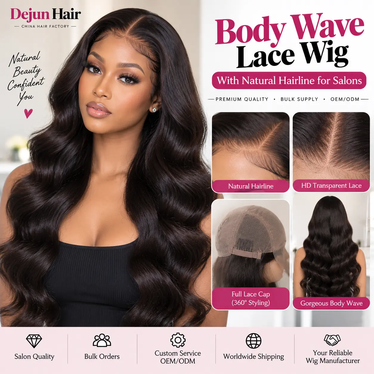 Body wave lace wig with natural hairline for salons featuring realistic lace, soft texture, and professional styling
