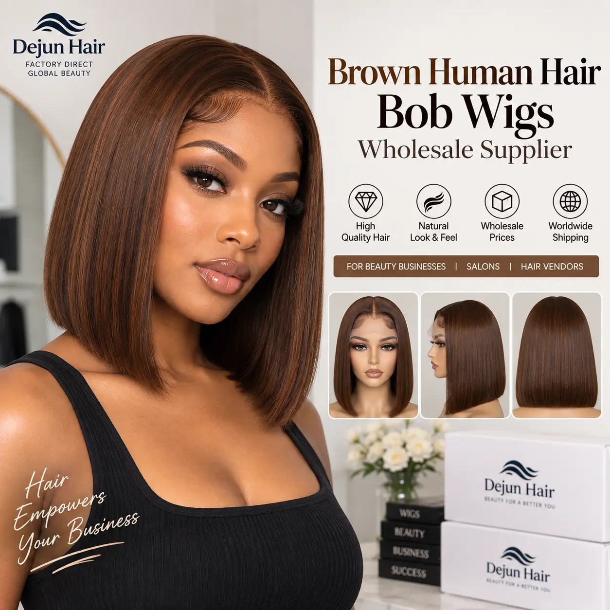 Brown human hair bob wigs wholesale supplier for salons and wig retailers