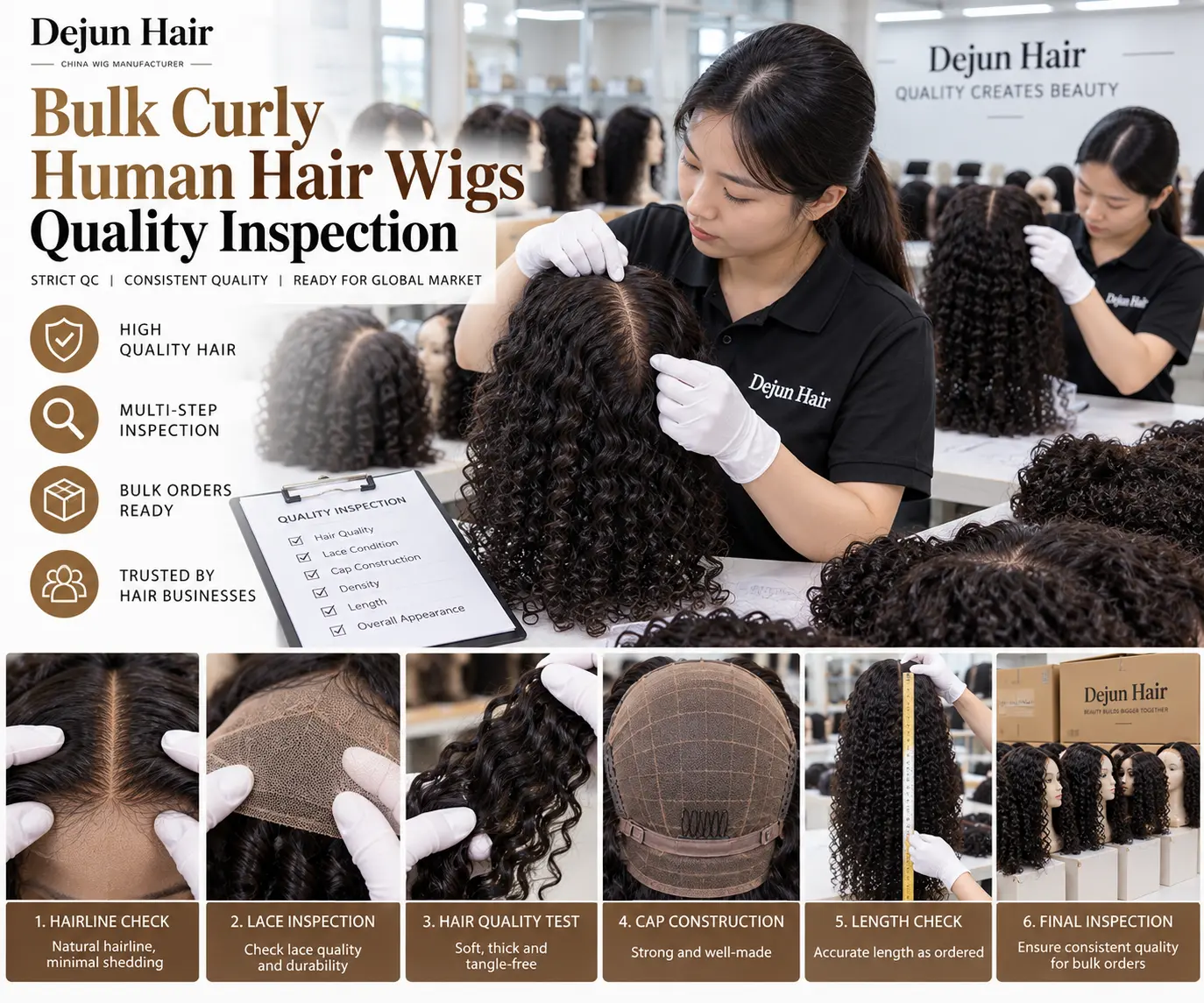 Bulk curly human hair wigs quality inspection at Dejun Hair factory before wholesale shipping