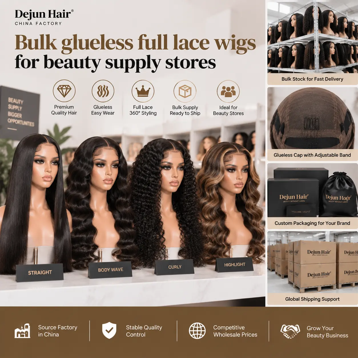 Bulk glueless full lace wigs for beauty supply stores and wig retailers