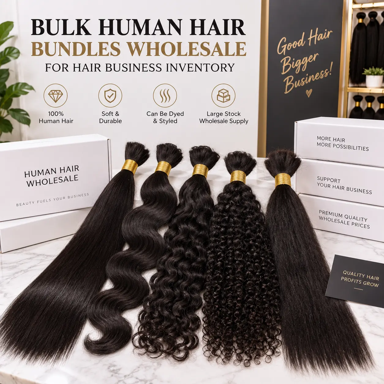 Bulk human hair bundles wholesale for hair businesses, salons and beauty supply stores