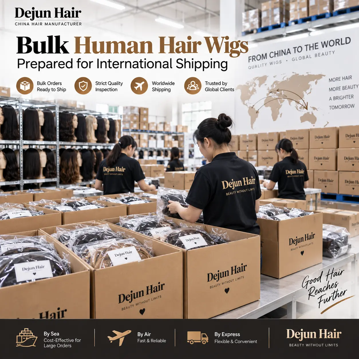 Bulk human hair wigs prepared for international shipping to salons and hair businesses