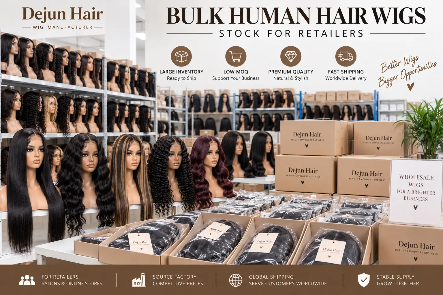 Bulk human hair wigs stock ready for retailers, salons and beauty supply stores