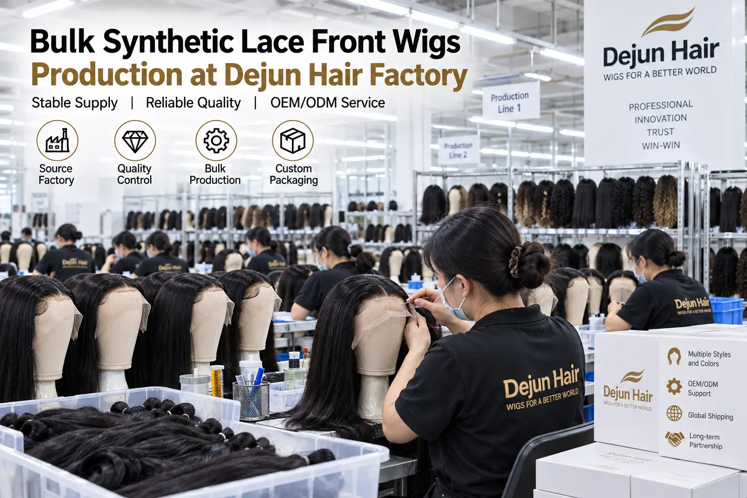 Bulk synthetic lace front wigs production at Dejun Hair factory in China