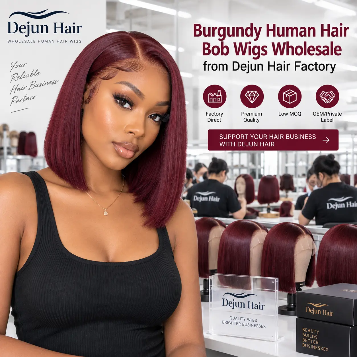 Burgundy human hair bob wigs wholesale from Dejun Hair factory