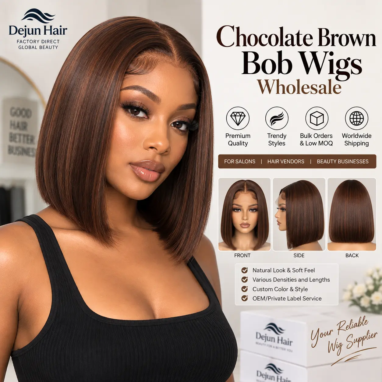 Chocolate brown bob wigs wholesale for salons and hair vendors