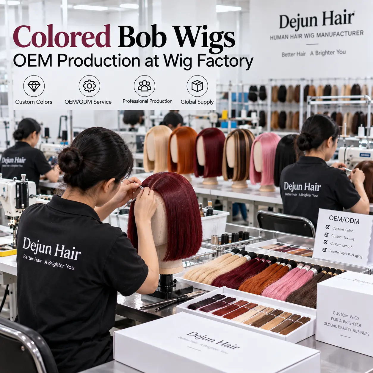 Colored bob wigs OEM production at Dejun Hair wig factory
