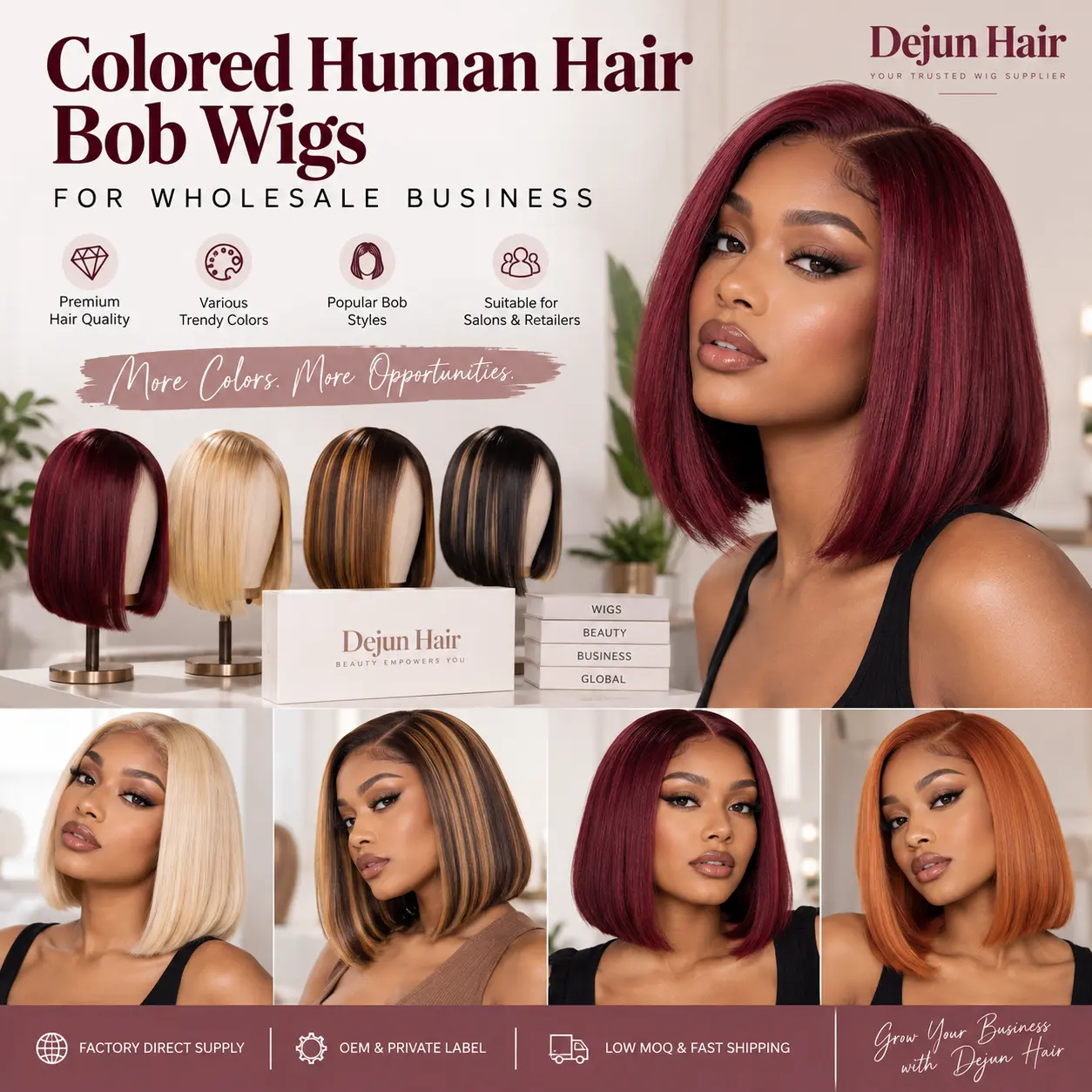 Colored human hair bob wigs wholesale for salons, retailers and hair businesses