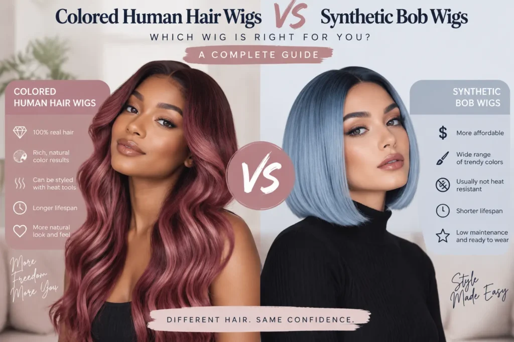 Colored human hair wigs and synthetic bob wigs comparison for wholesale buyers