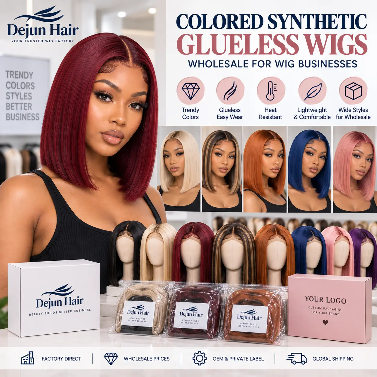 Colored synthetic glueless wigs wholesale for wig businesses