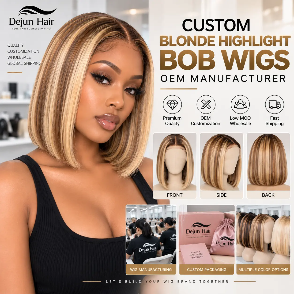 Custom blonde highlight bob wigs from OEM wig manufacturer