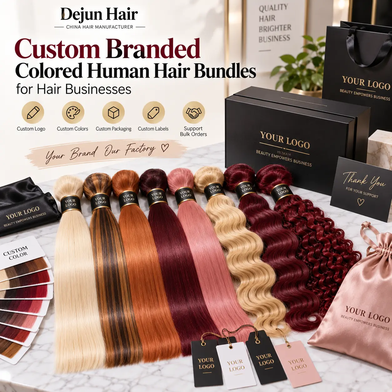 Custom branded colored human hair bundles with private label packaging for hair businesses