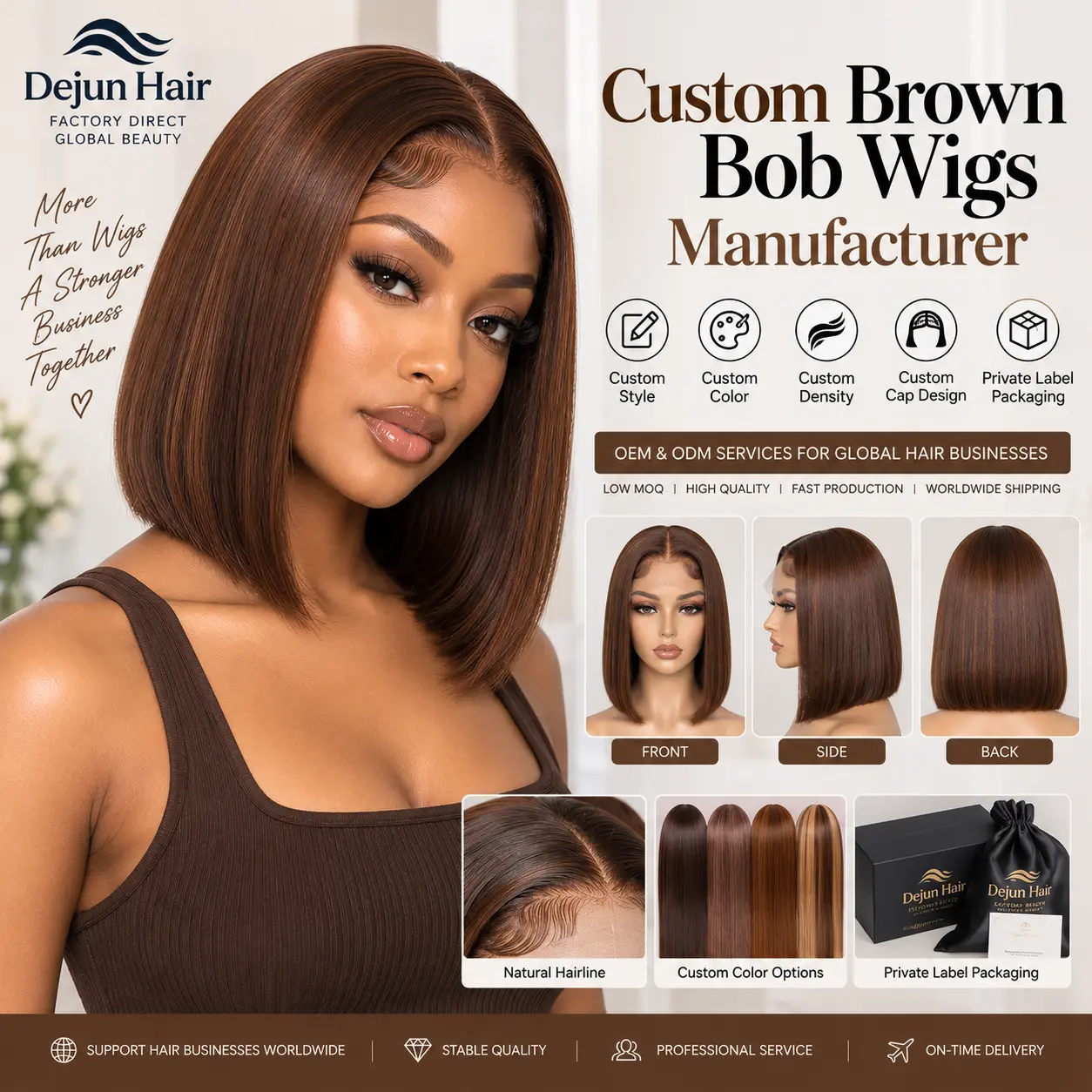 Custom brown bob wigs manufacturer for private label hair brands