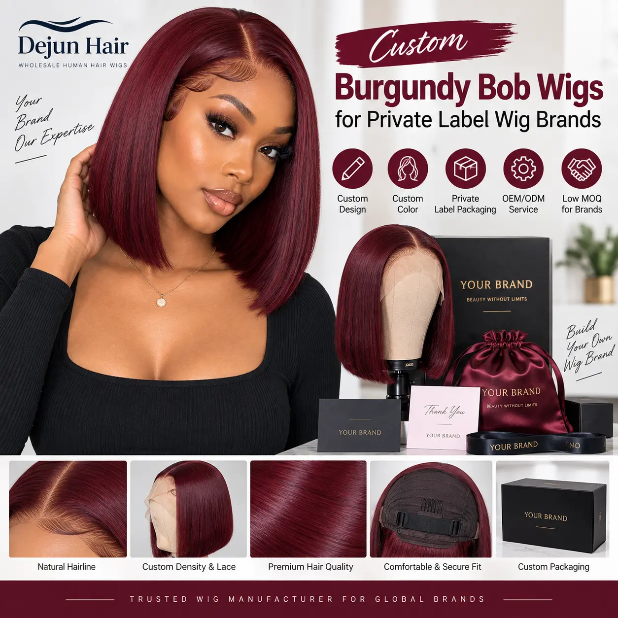 Custom burgundy bob wigs for private label wig brands