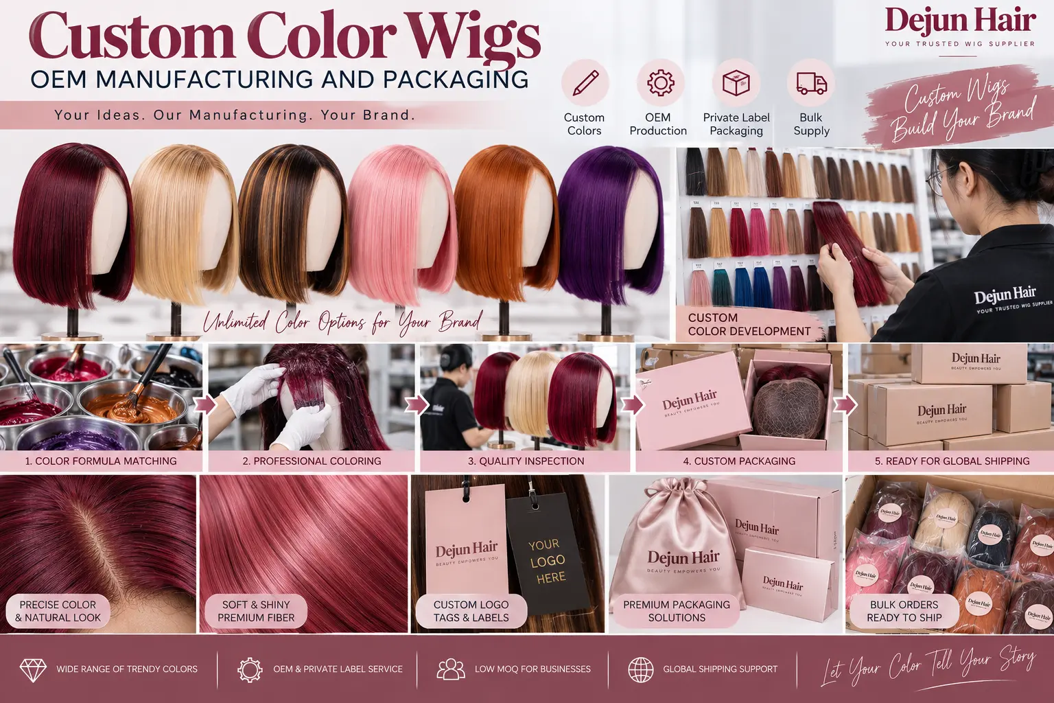 Custom color wigs OEM manufacturing and private label packaging for wholesale businesses