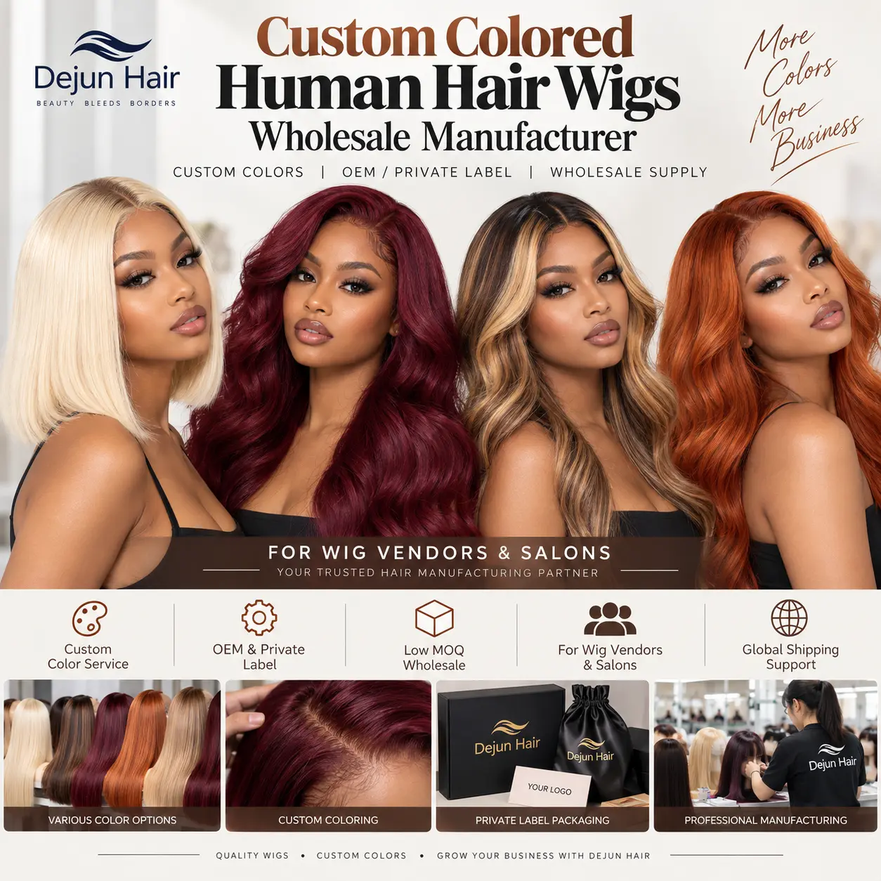 Custom colored human hair wigs wholesale manufacturer for salons and wig brands