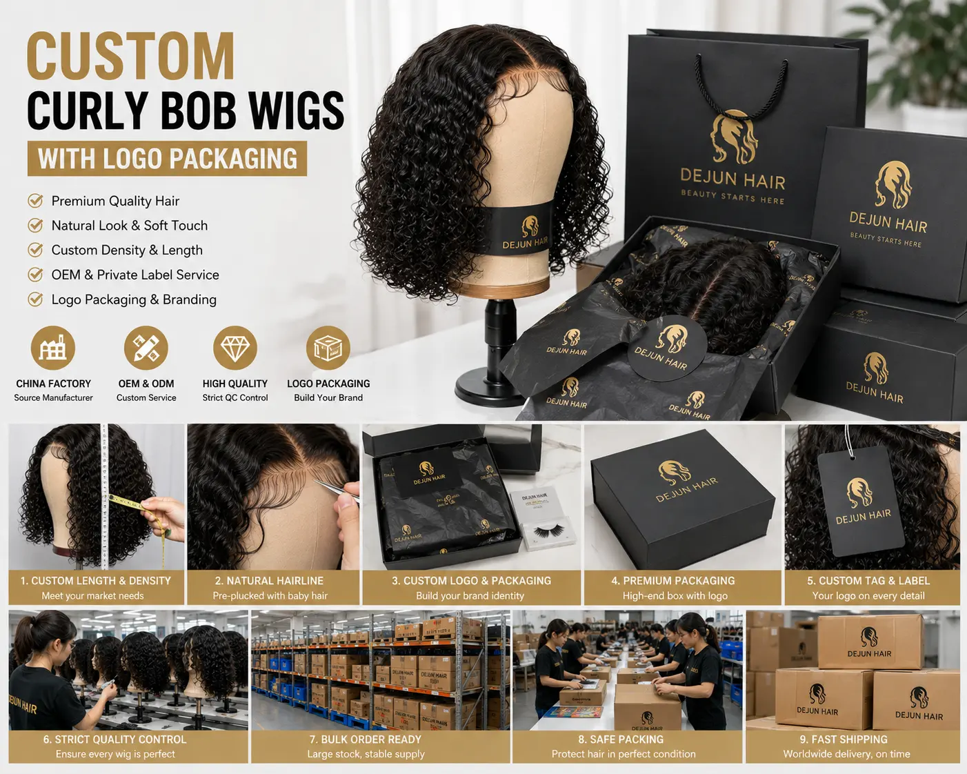 Custom curly bob wigs with logo packaging and OEM private label service