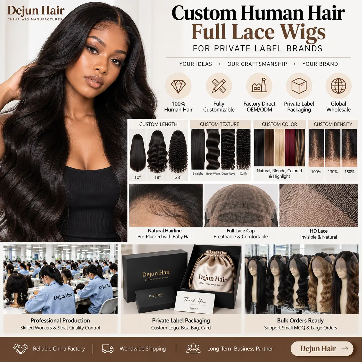Custom human hair full lace wigs with private label and OEM services for hair brands