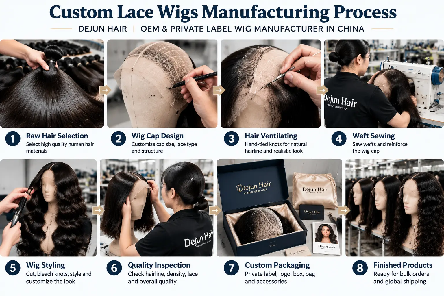 Custom lace wigs manufacturing process with personalized cap construction and lace design