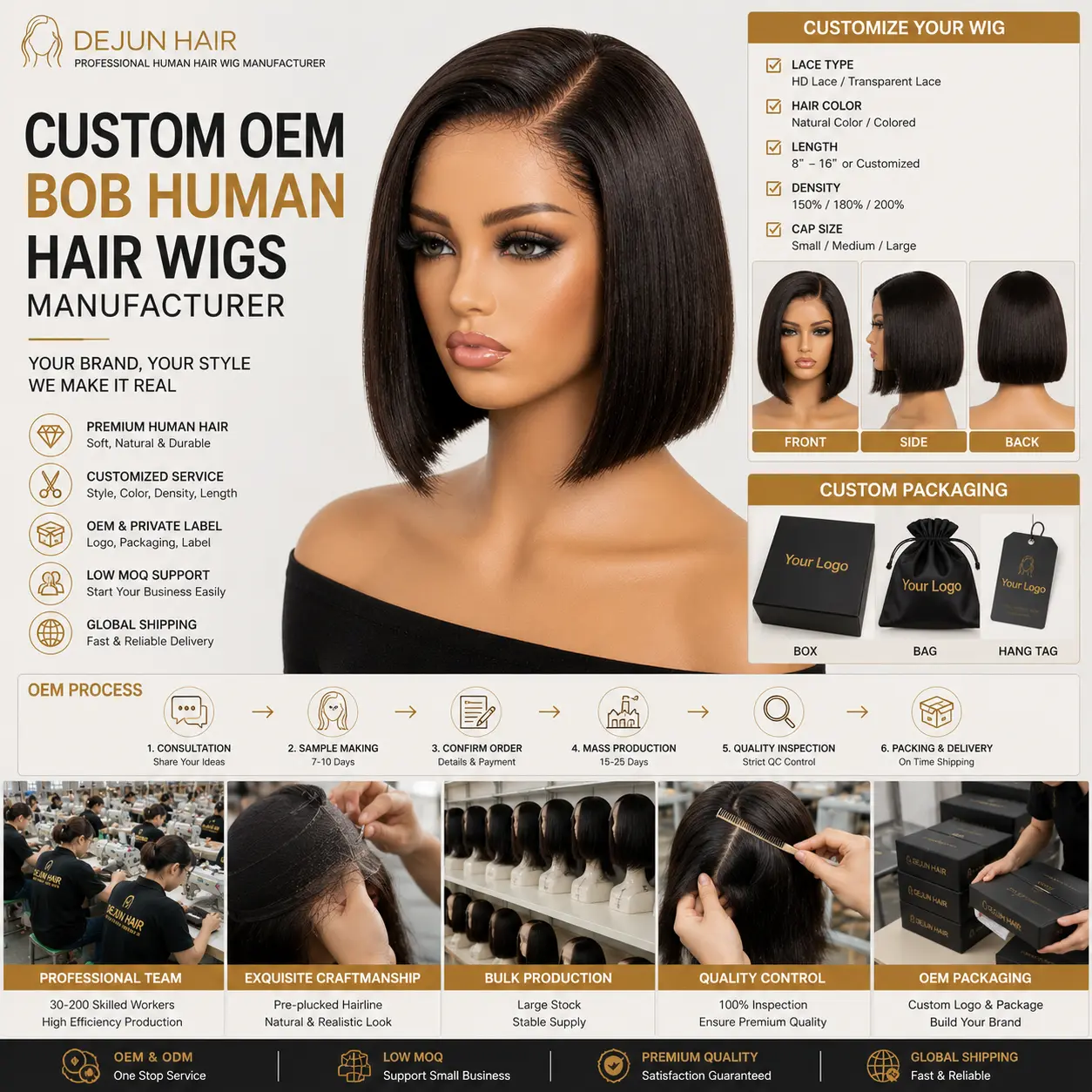 Custom OEM bob human hair wigs from professional wig manufacturer