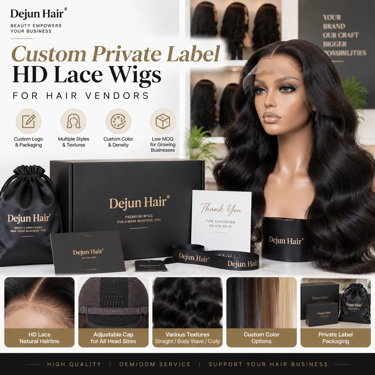 Custom private label HD lace wigs for hair vendors with OEM packaging and personalized branding services