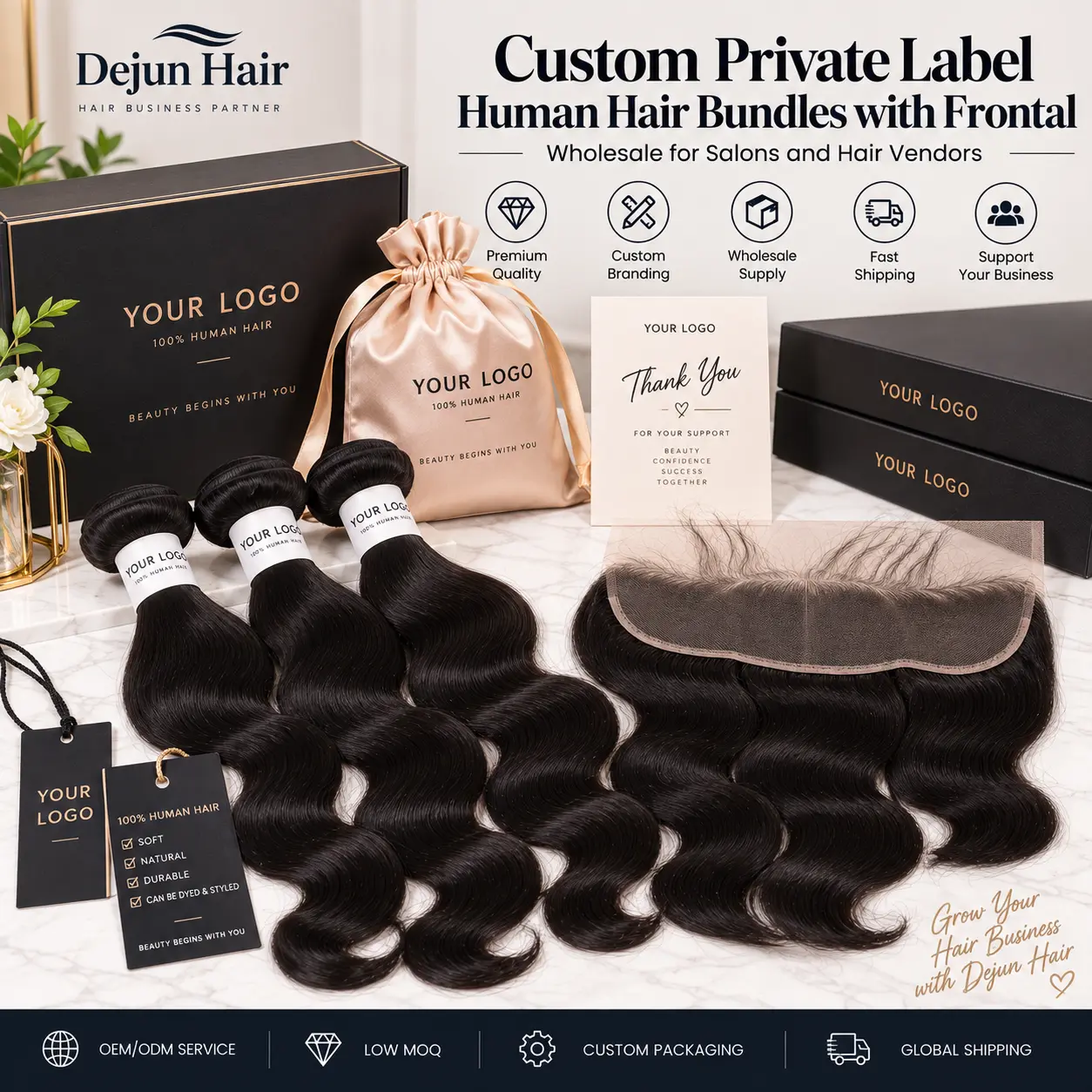 Custom private label human hair bundles with frontal wholesale