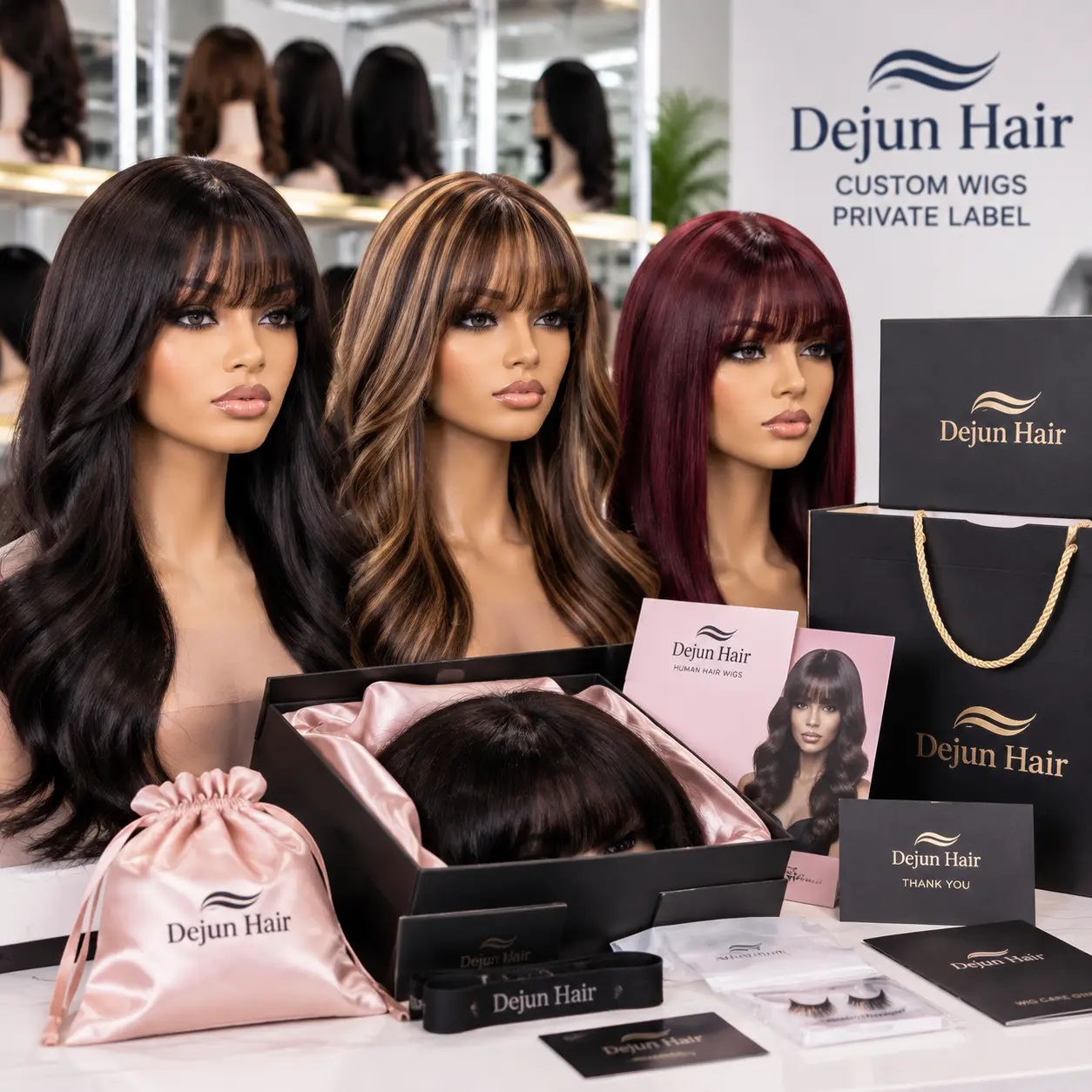 Custom private label human hair wigs with bangs wholesale, OEM wig customization and branded packaging service