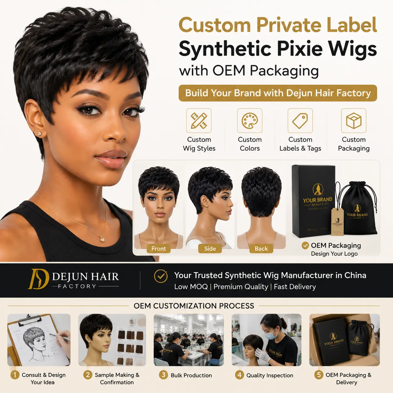 Custom private label synthetic pixie wigs with OEM packaging, custom logo and branded solutions