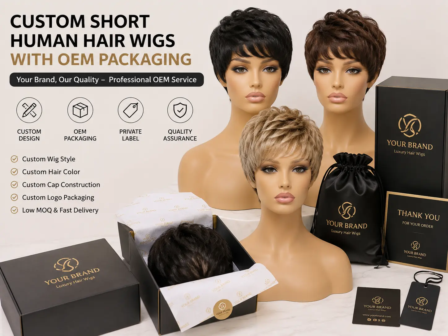 Custom short human hair wigs with OEM packaging and private label service