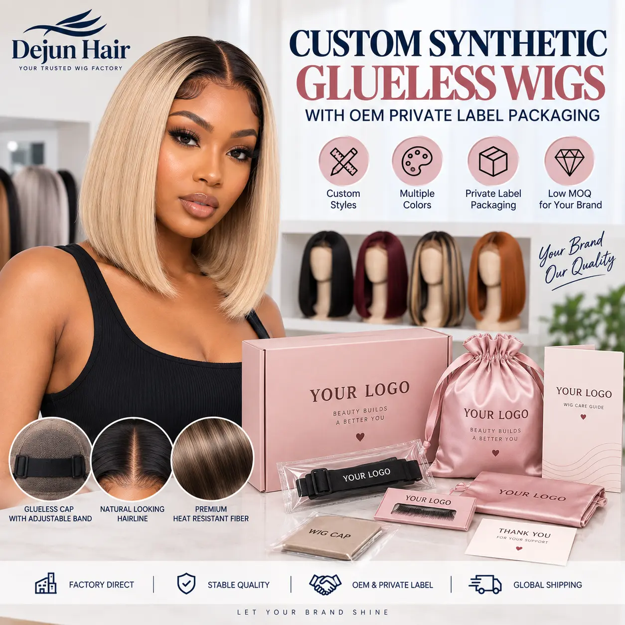 Custom synthetic glueless wigs with OEM private label packaging